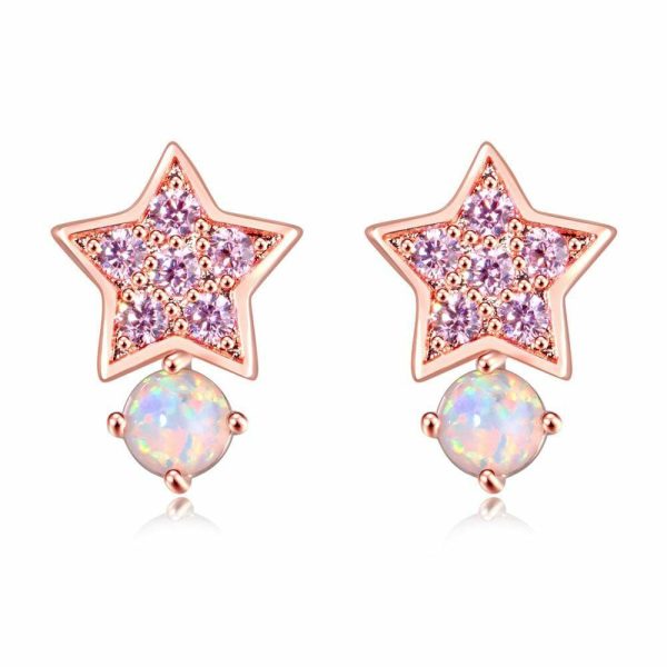 Amethyst | White Fire Opal Amethyst Star Shape Rose Gold Stud Earrings