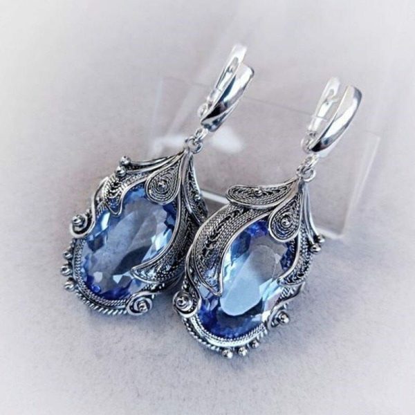 Aquamarine | Fashion Aquamarine Retro Crystal Earrings Rhodium Plated