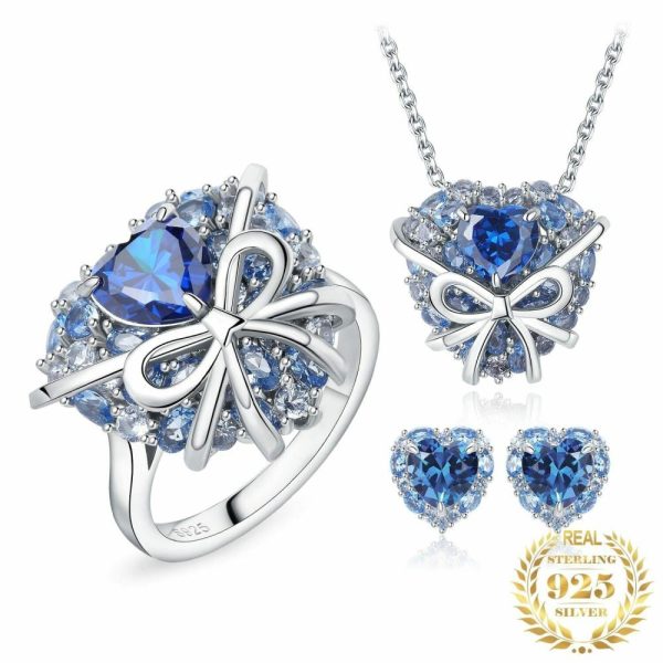 Aquamarine | Fashion Bowknot Love Heart Blue Aquamarine Jewelry Set – 925 Sterling Silver Gold