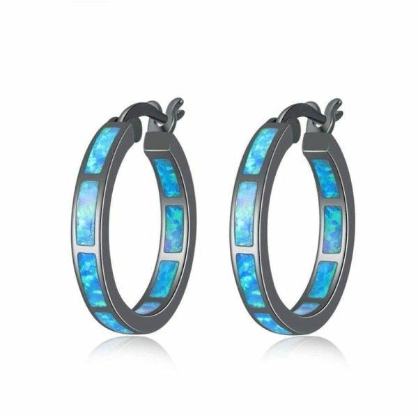 Black Opal | Blue Fire Opal Black Gold Hoop Earrings