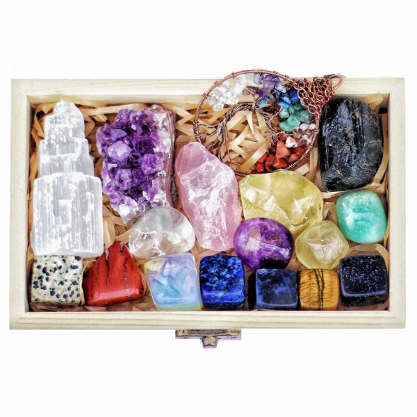 Clear Quartz | 16 Natural Crystals Set for Stress and Anxiety Relief with Free Chakra Tree of Life (US Only)