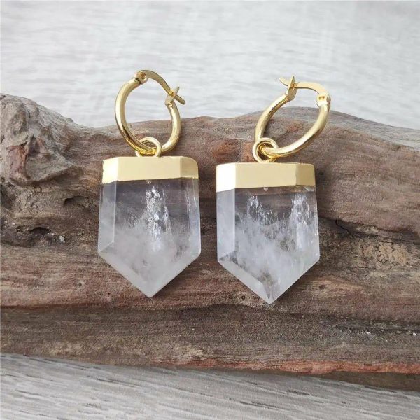 Clear Quartz | 1Pair Gold Plated Carved Shield Shape Clear Quartz Earrings