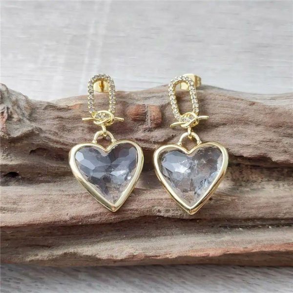 Clear Quartz | 5 Pair Gold Plated Heart-Shaped Crystal Cubic Zircon Clear Quartz Earrings