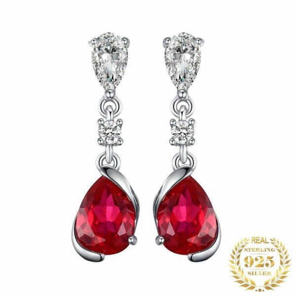 Earrings | 1.9ct Pear Red Ruby 925 Sterling Silver Drop Earrings Gold