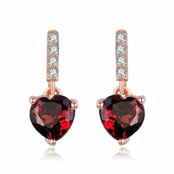 Earrings | 18K Rose Gold Plated Heart Garnet Earrings – 925 Sterling Silver