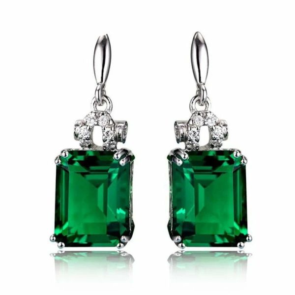 Emerald | 925 Sterling Silver Vintage Earrings With Square 6*8mm Green Emerald Gemstones Red