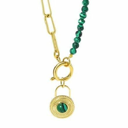 Emerald | Round Lock Pendant Stainless Steel Emerald Beads Chain