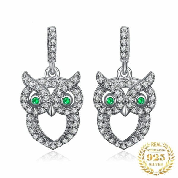 Emerald | Vintage Owl Simulated Nano Emerald Drop Earrings – 925 Sterling Silver