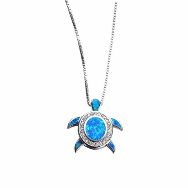 Fire Opal | Blue Fire Opal Silver Turtle Pendant Blue