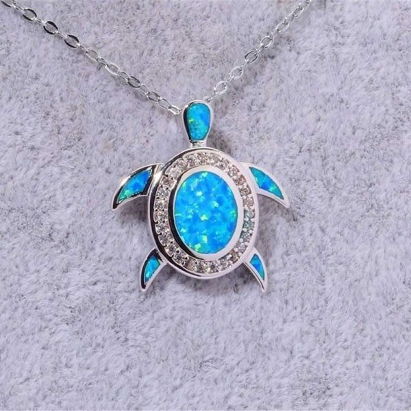 Fire Opal | Blue Fire Opal Silver Turtle Pendant Blue