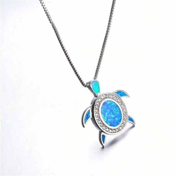 Fire Opal | Blue Fire Opal Silver Turtle Pendant Blue