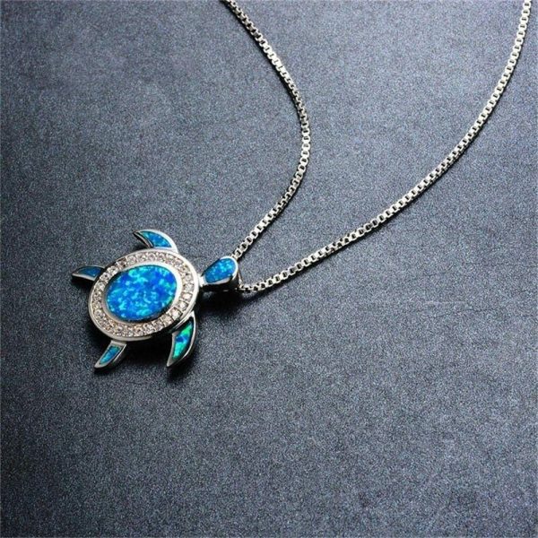 Fire Opal | Blue Fire Opal Silver Turtle Pendant Blue