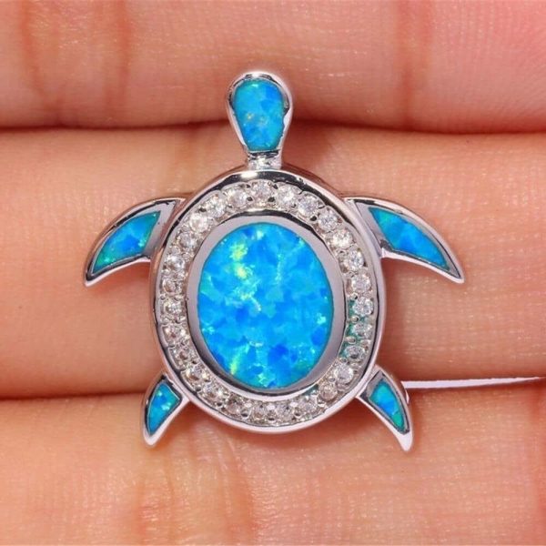 Fire Opal | Blue Fire Opal Silver Turtle Pendant Blue