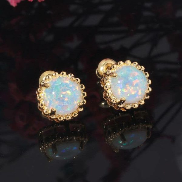 Fire Opal | Dazzling White Fire Opal Gold Stud Earring