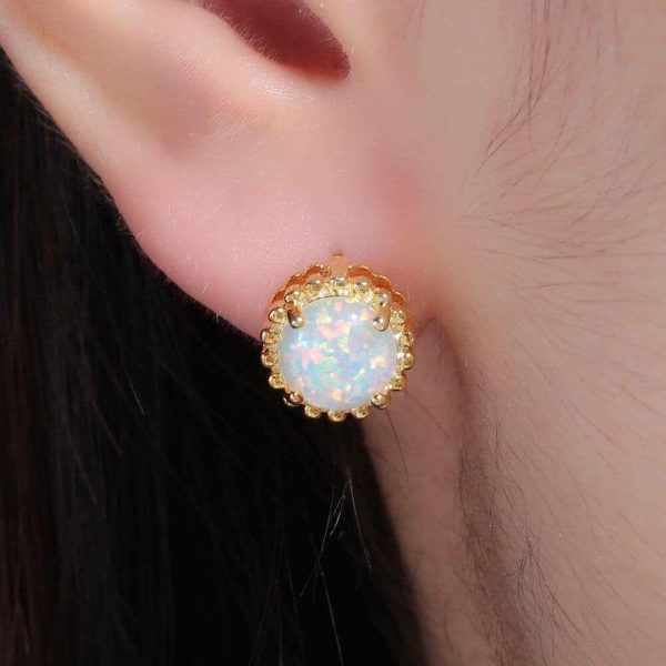 Fire Opal | Dazzling White Fire Opal Gold Stud Earring