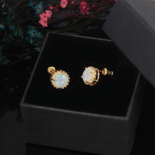 Fire Opal | Dazzling White Fire Opal Gold Stud Earring