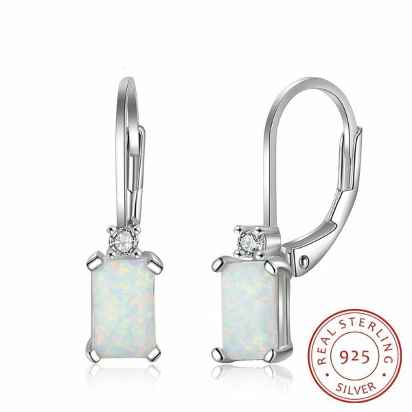 Fire Opal | Rectangular Created White Fire Opal Hoop Earrings – 925 Sterling Silver