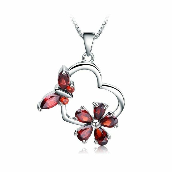 Garnet | Butterfly and Flowers Garnet Pendant – 925 Sterling Silver