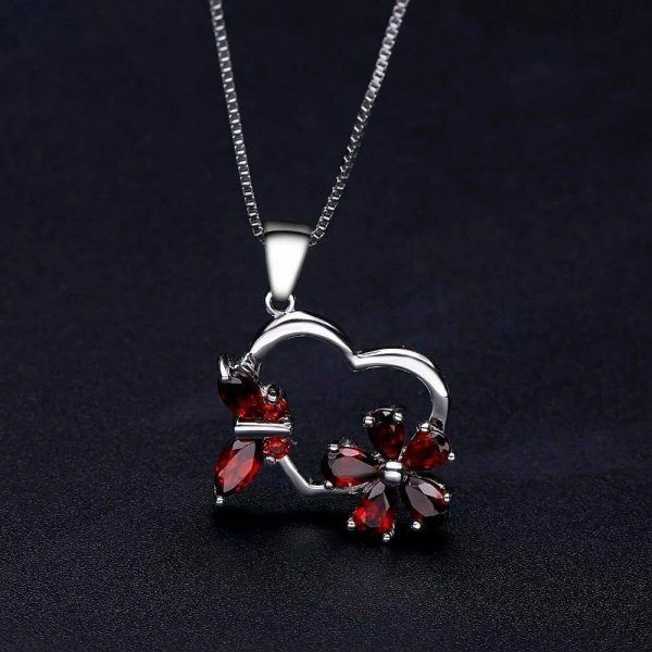 Garnet | Butterfly and Flowers Garnet Pendant – 925 Sterling Silver