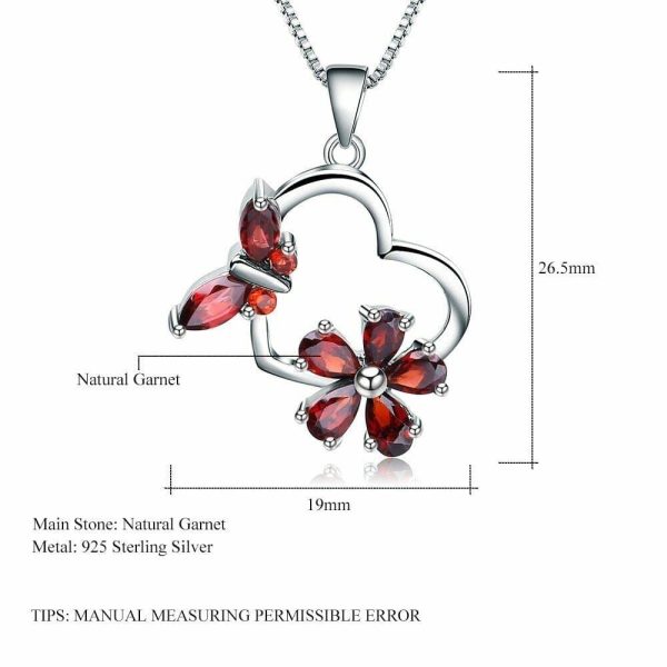 Garnet | Butterfly and Flowers Garnet Pendant – 925 Sterling Silver