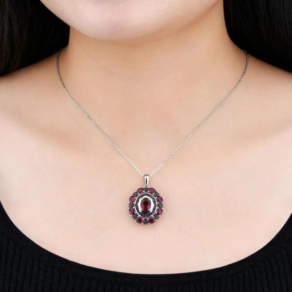 Garnet | Natural Rhodolite Garnet Black Spinel Solid Silver Pendant 6.2 Carats