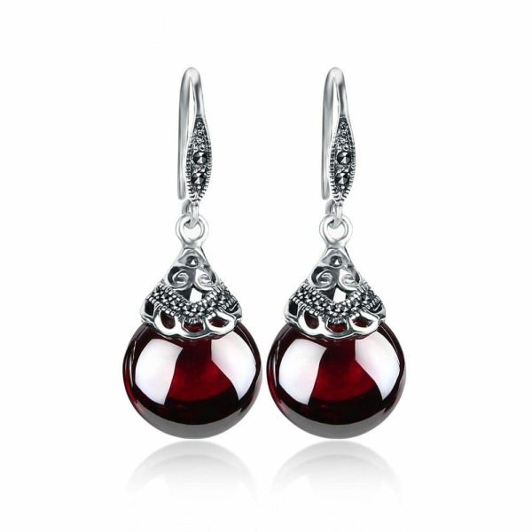 Garnet | Retro Round Garnet Drop Earrings – 925 Sterling Silver