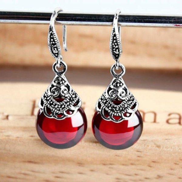 Garnet | Retro Round Garnet Drop Earrings – 925 Sterling Silver