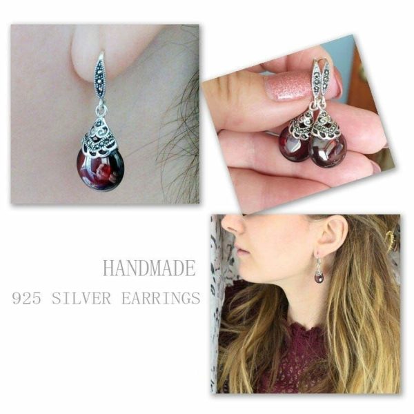 Garnet | Retro Round Garnet Drop Earrings – 925 Sterling Silver