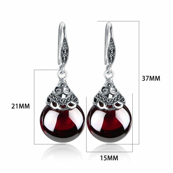 Garnet | Retro Round Garnet Drop Earrings – 925 Sterling Silver