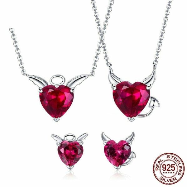 Jewelry Sets | Evil And Angel Twin and Earrings CZ Garnet Jewelry Set – 925 Sterling Silver