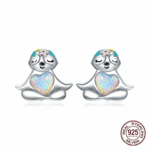 Opal | Cute Sloth Animal Heart Opal Stud Earrings – 925 Sterling Silver