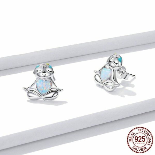 Opal | Cute Sloth Animal Heart Opal Stud Earrings – 925 Sterling Silver