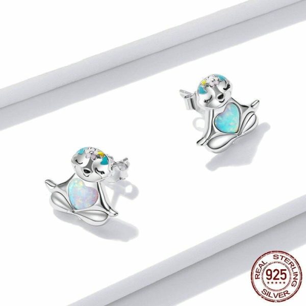 Opal | Cute Sloth Animal Heart Opal Stud Earrings – 925 Sterling Silver