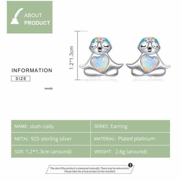 Opal | Cute Sloth Animal Heart Opal Stud Earrings – 925 Sterling Silver