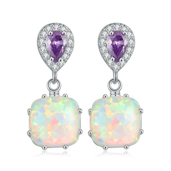 Opal | White Fire Opal Square Stone Drop Earrings