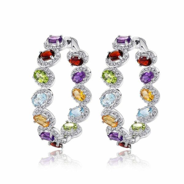 Peridot | Garnet Peridot Amethyst Multi Gemstone 925 Sterling Silver Big Hoop Earrings