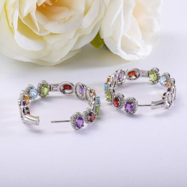 Peridot | Garnet Peridot Amethyst Multi Gemstone 925 Sterling Silver Big Hoop Earrings