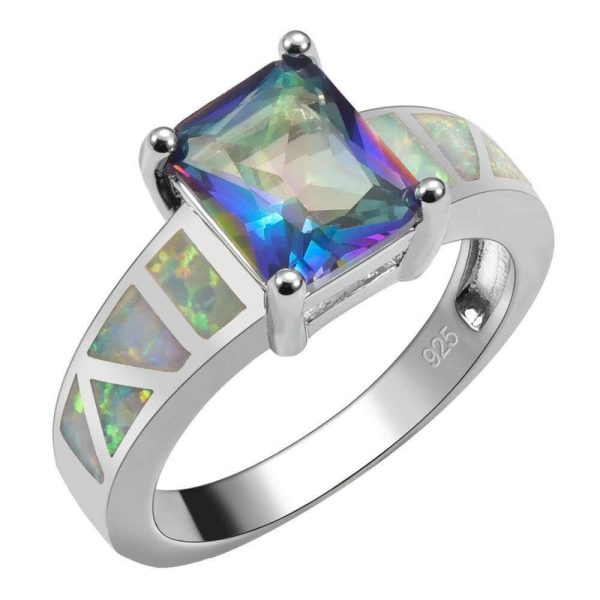 Rings | Rainbow Topaz With White Fire Opal Sterling Silver Square Js Csr704