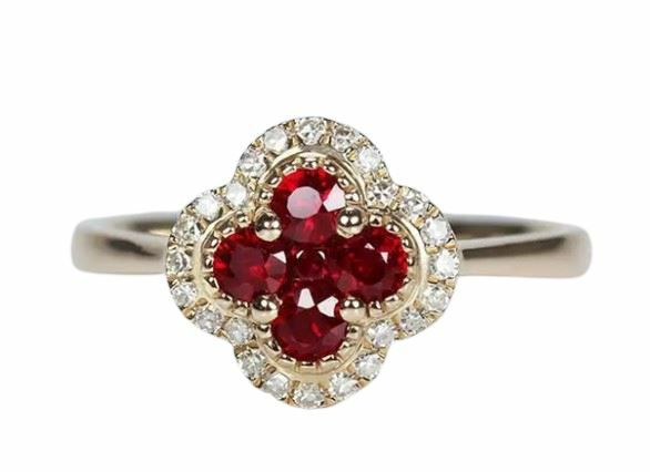 Rings | Silver Diamond Ruby Four Leaf Flower Adjustable Gold