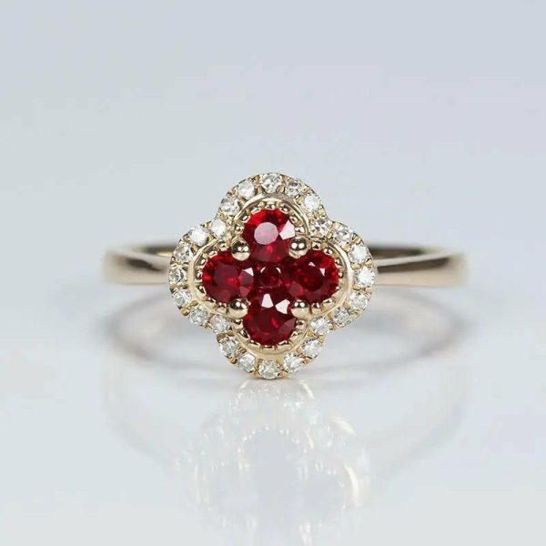 Rings | Silver Diamond Ruby Four Leaf Flower Adjustable Gold