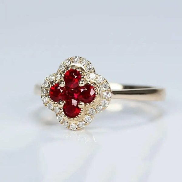 Rings | Silver Diamond Ruby Four Leaf Flower Adjustable Gold