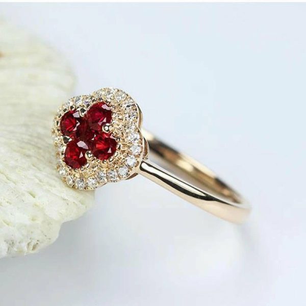 Rings | Silver Diamond Ruby Four Leaf Flower Adjustable Gold