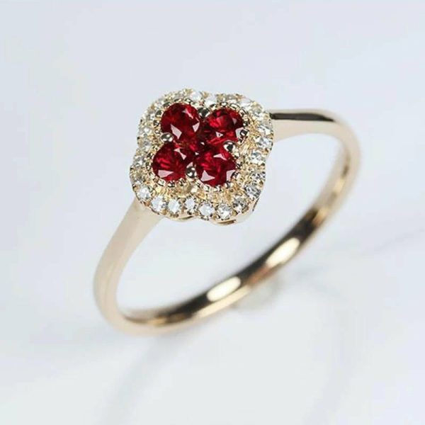 Rings | Silver Diamond Ruby Four Leaf Flower Adjustable Gold