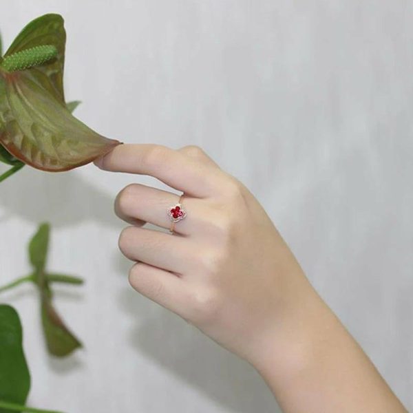 Rings | Silver Diamond Ruby Four Leaf Flower Adjustable Gold