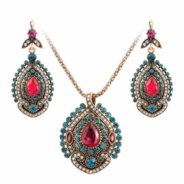 Tourmaline | Antique Gold Plated Pink Tourmaline Crystal Turkish Jewelry Set (Necklace u0026 Earrings)